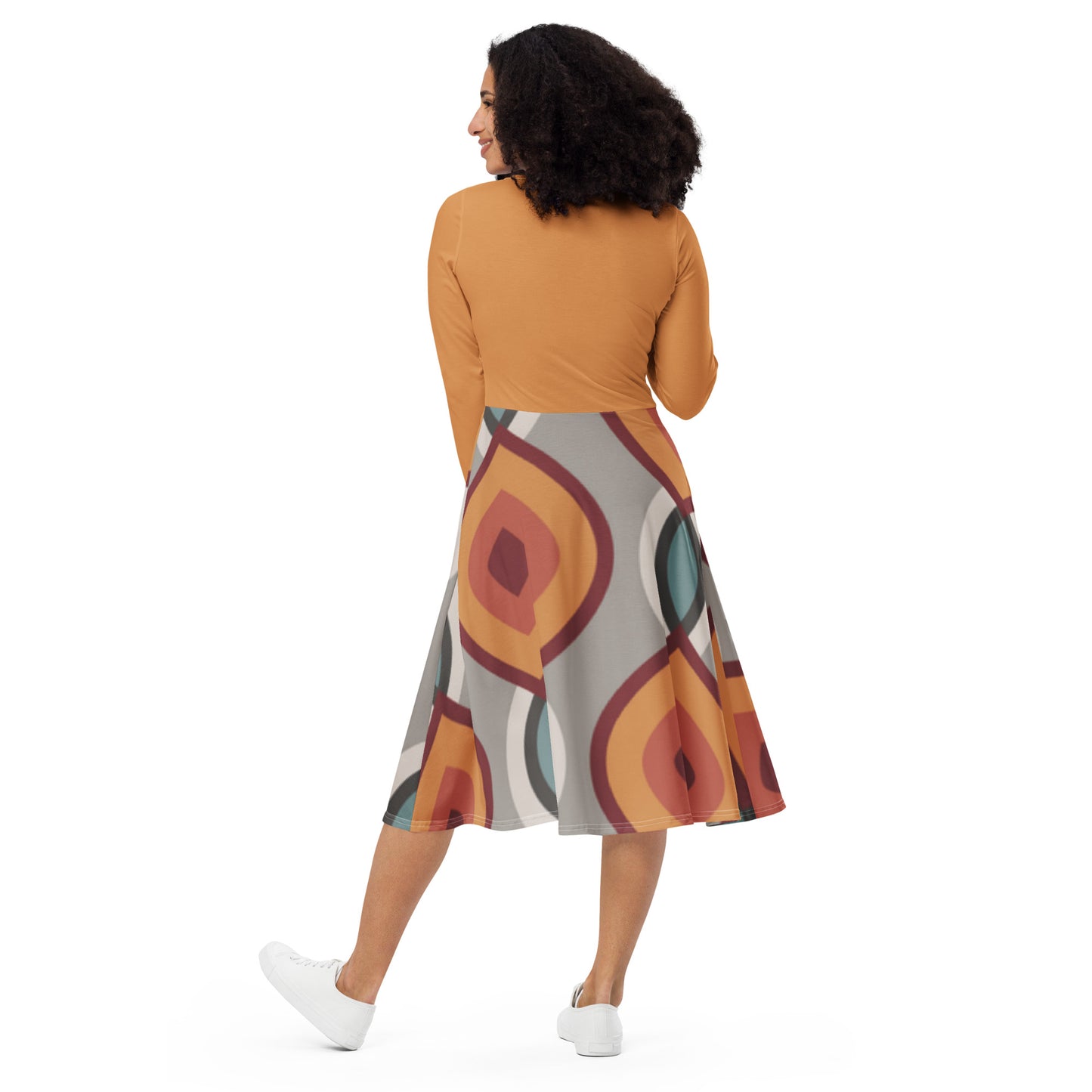 Robe midi à manches longues et imprimé all-over