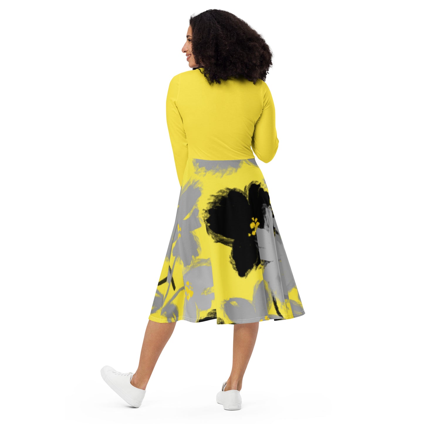 Robe midi à manches longues et imprimé all-over