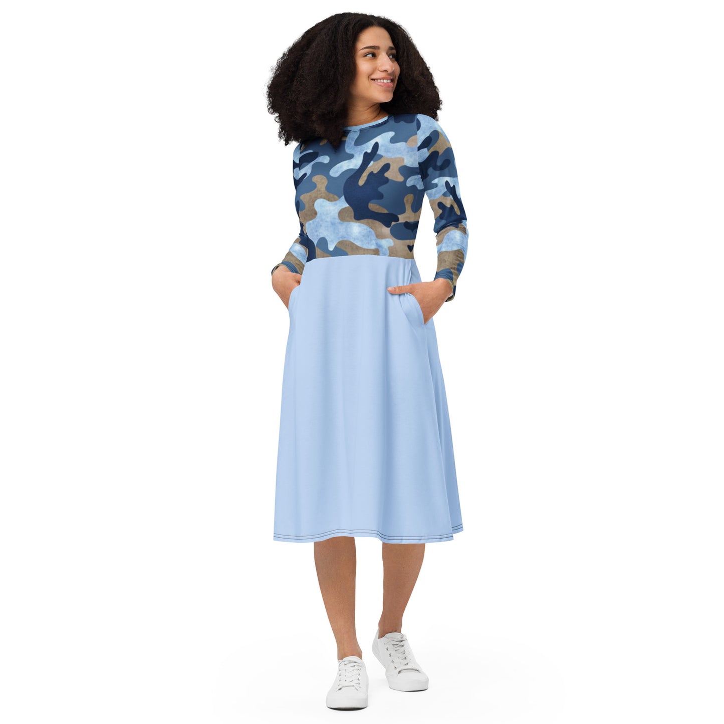 Robe midi à manches longues et imprimé all-over