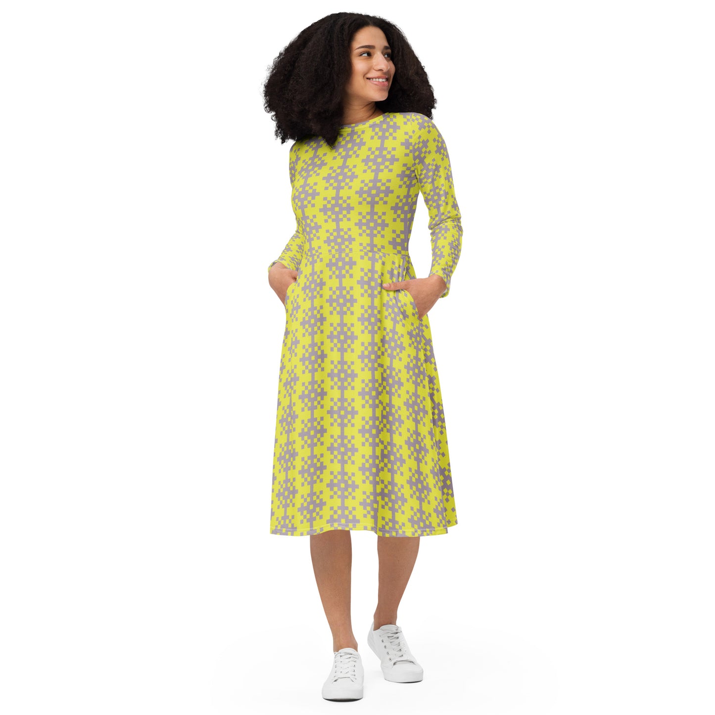 Robe midi à manches longues et imprimé all-over