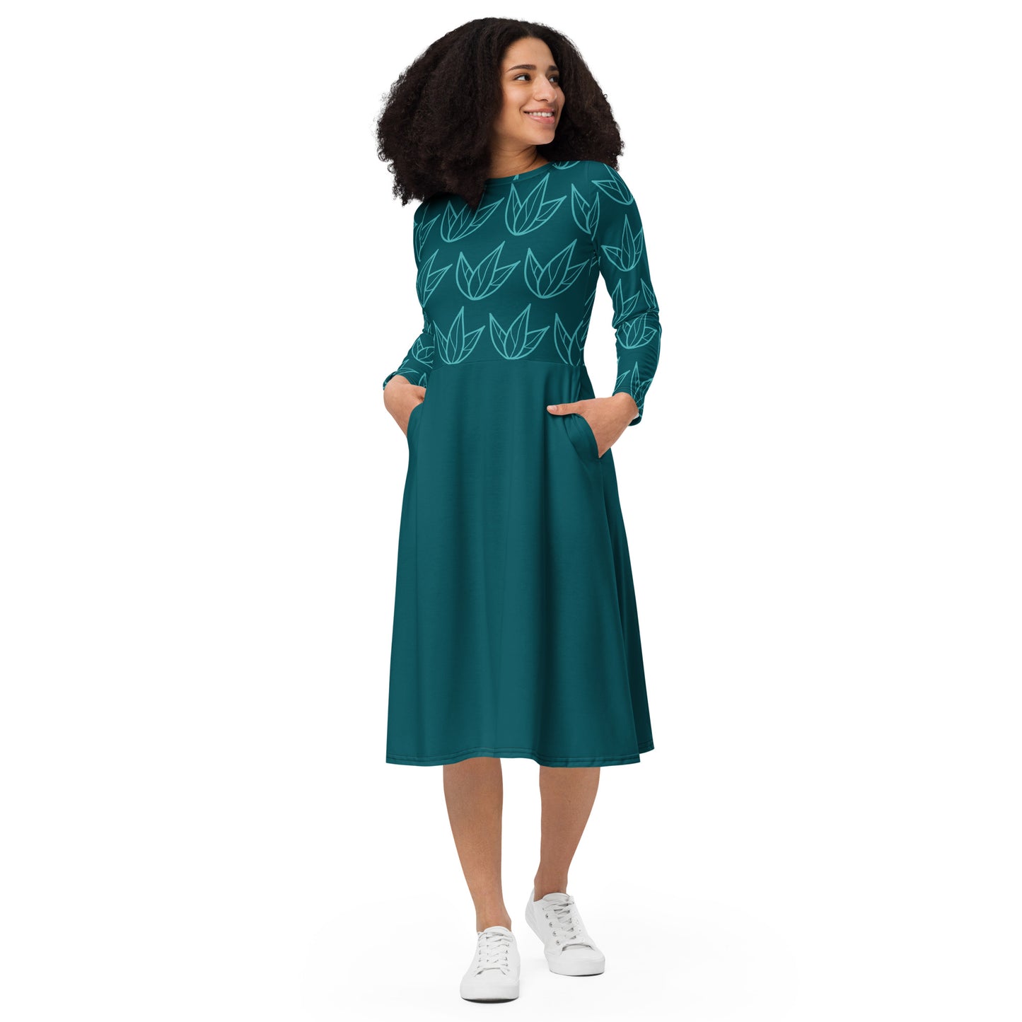 Robe midi à manches longues et imprimé all-over