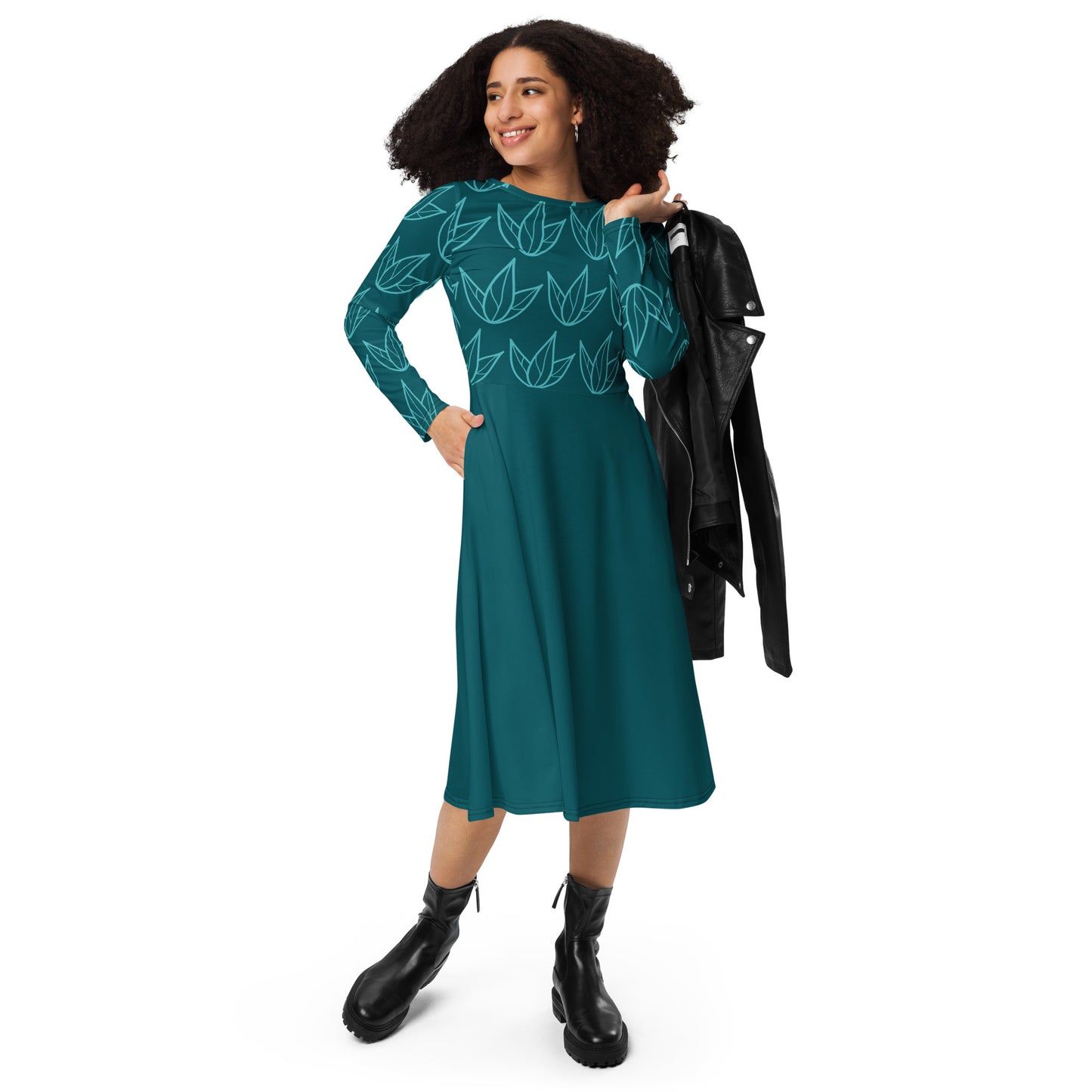 Robe midi à manches longues et imprimé all-over