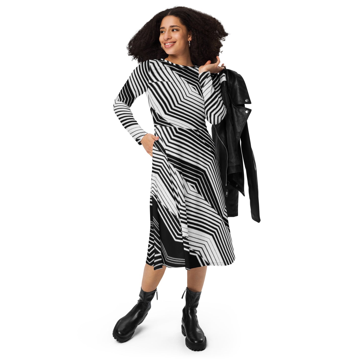 Robe midi à manches longues et imprimé all-over