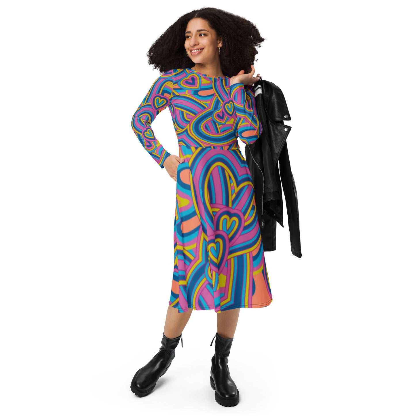 Robe midi à manches longues et imprimé all-over
