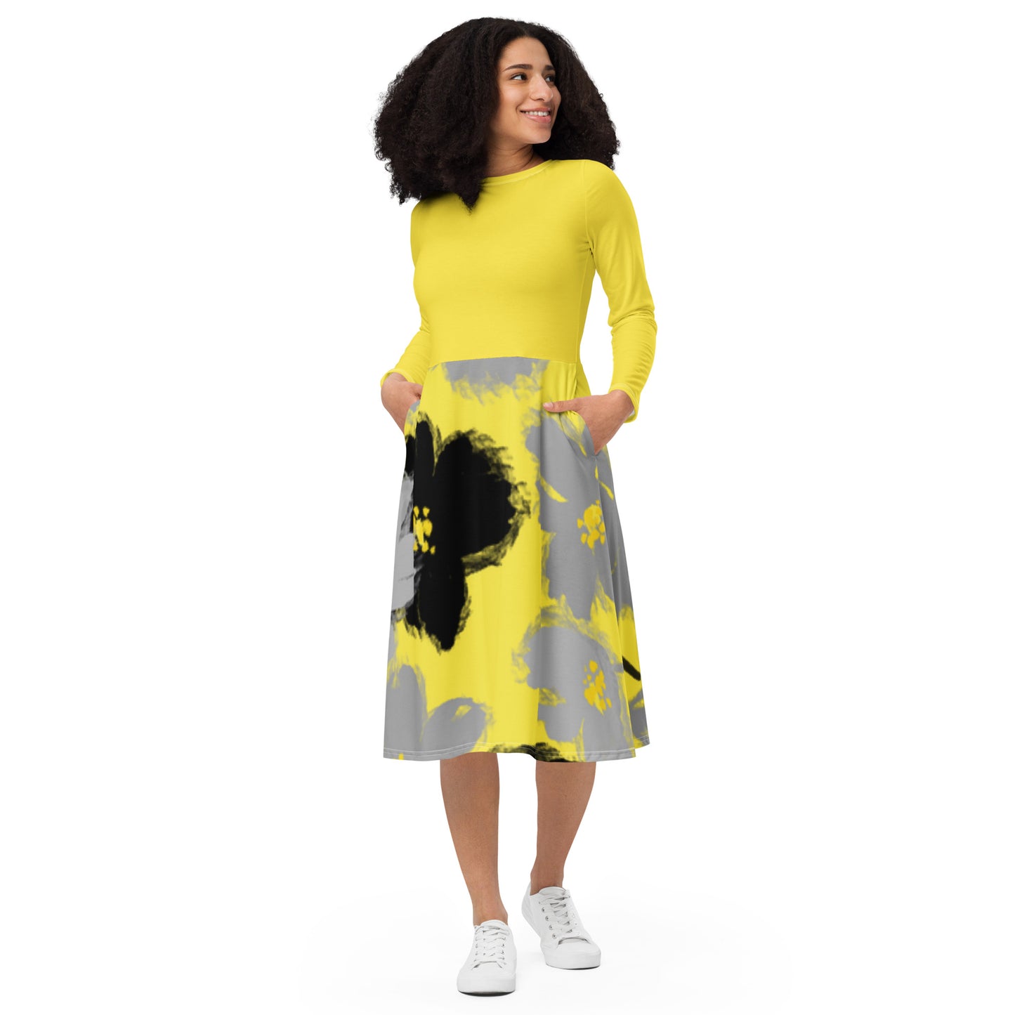 Robe midi à manches longues et imprimé all-over