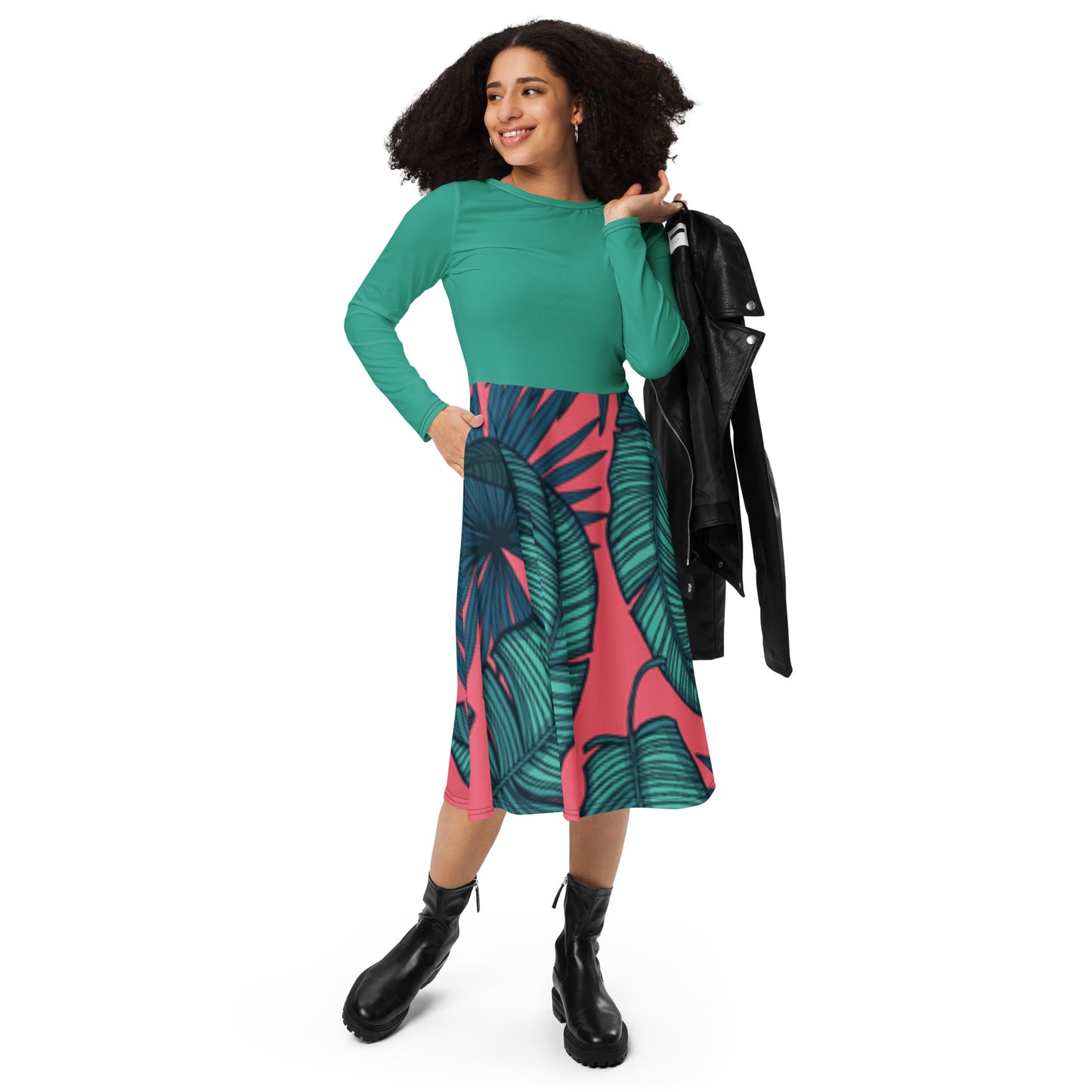 Robe midi à manches longues et imprimé all-over