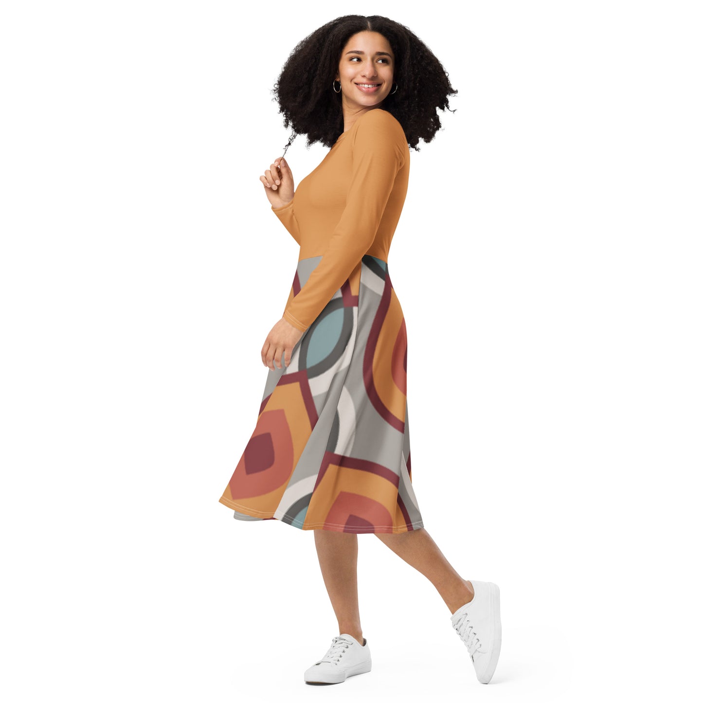 Robe midi à manches longues et imprimé all-over