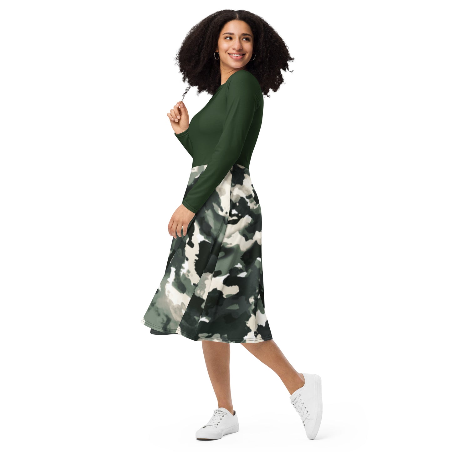 All-over print long sleeve midi dress
