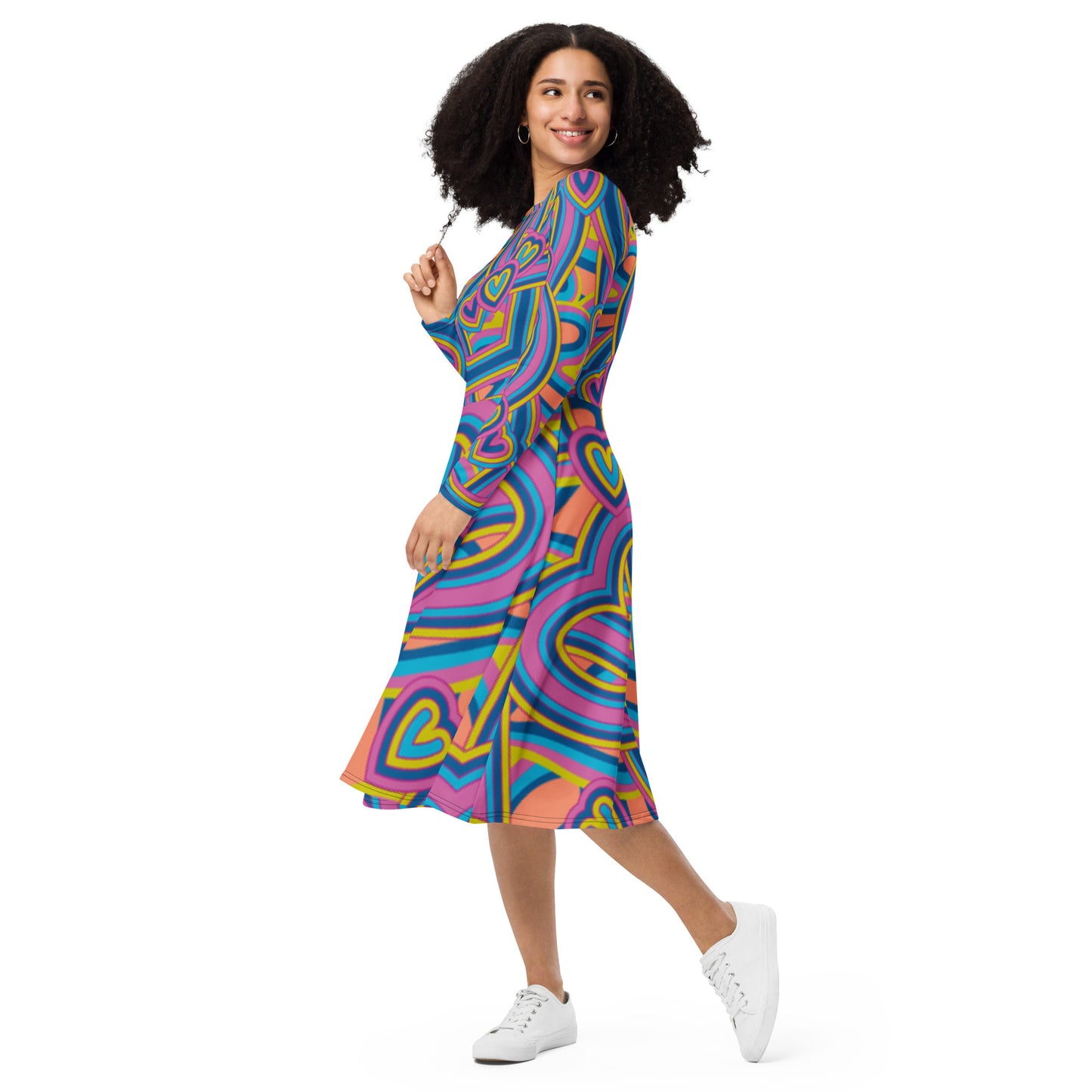 Robe midi à manches longues et imprimé all-over