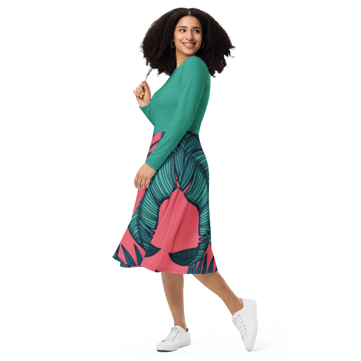 Robe midi à manches longues et imprimé all-over