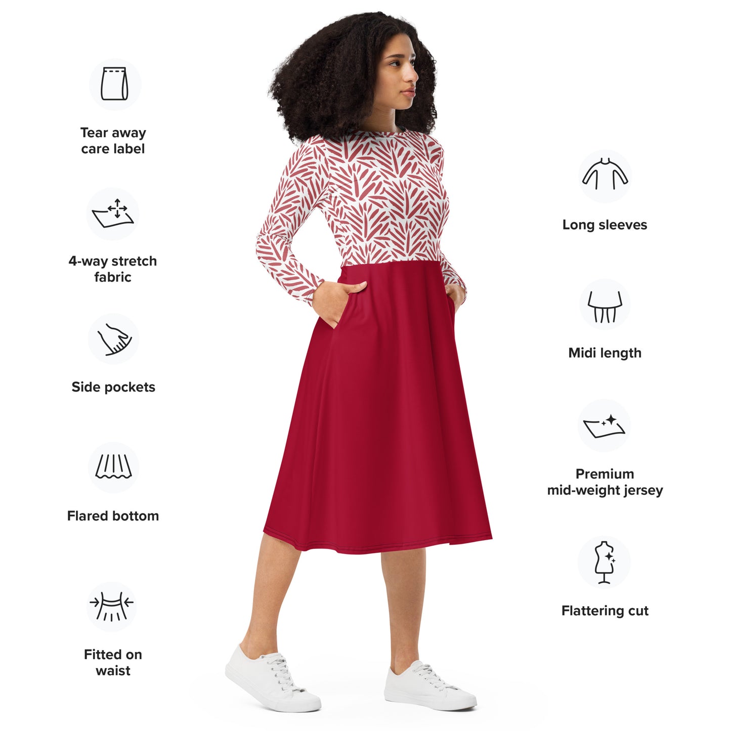 Robe midi à manches longues et imprimé all-over