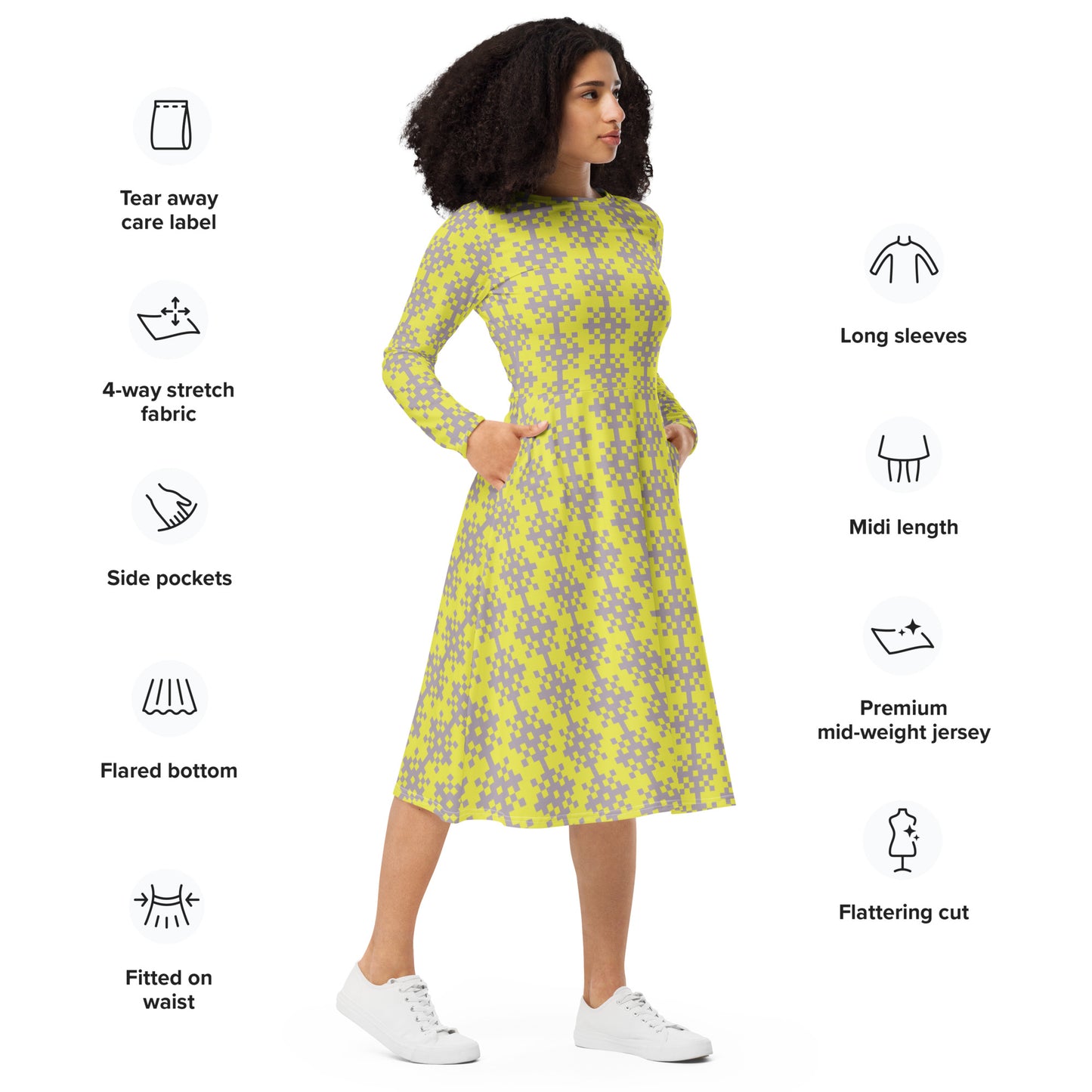 Robe midi à manches longues et imprimé all-over