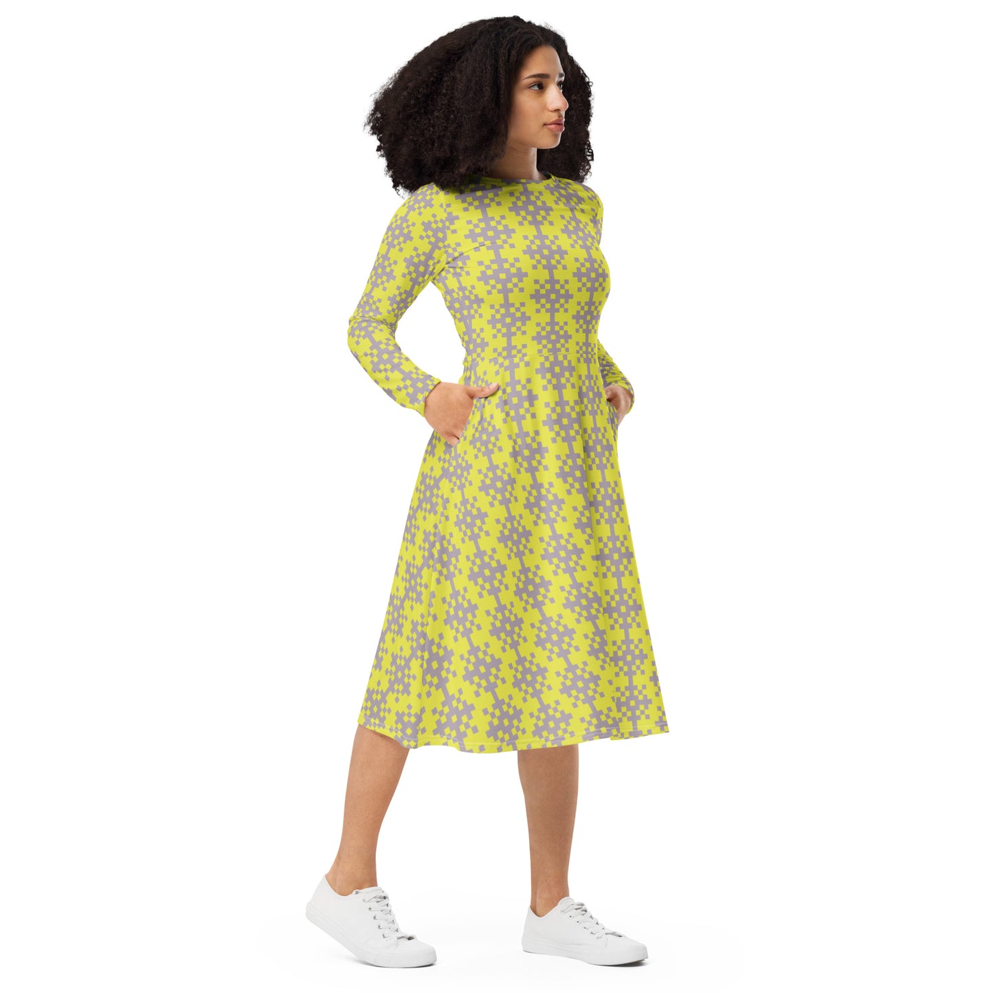 Robe midi à manches longues et imprimé all-over