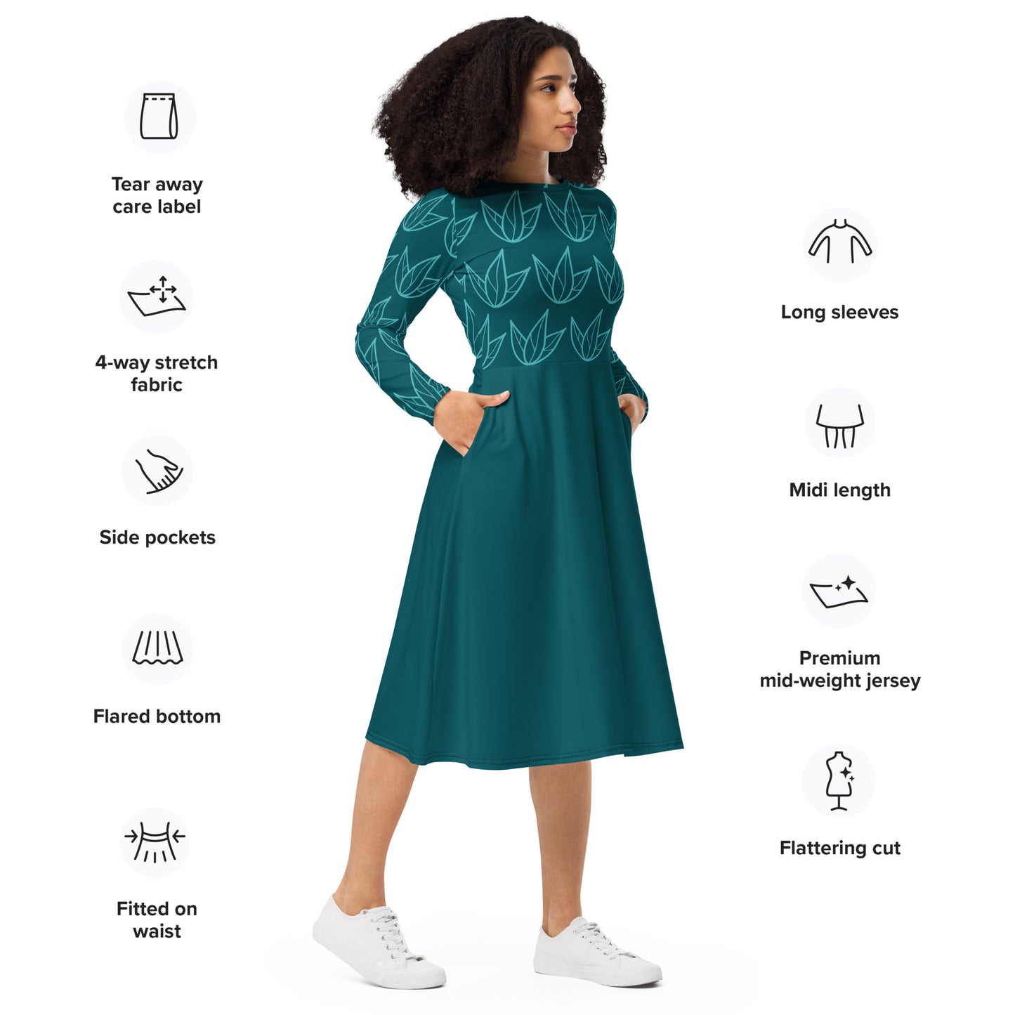 Robe midi à manches longues et imprimé all-over