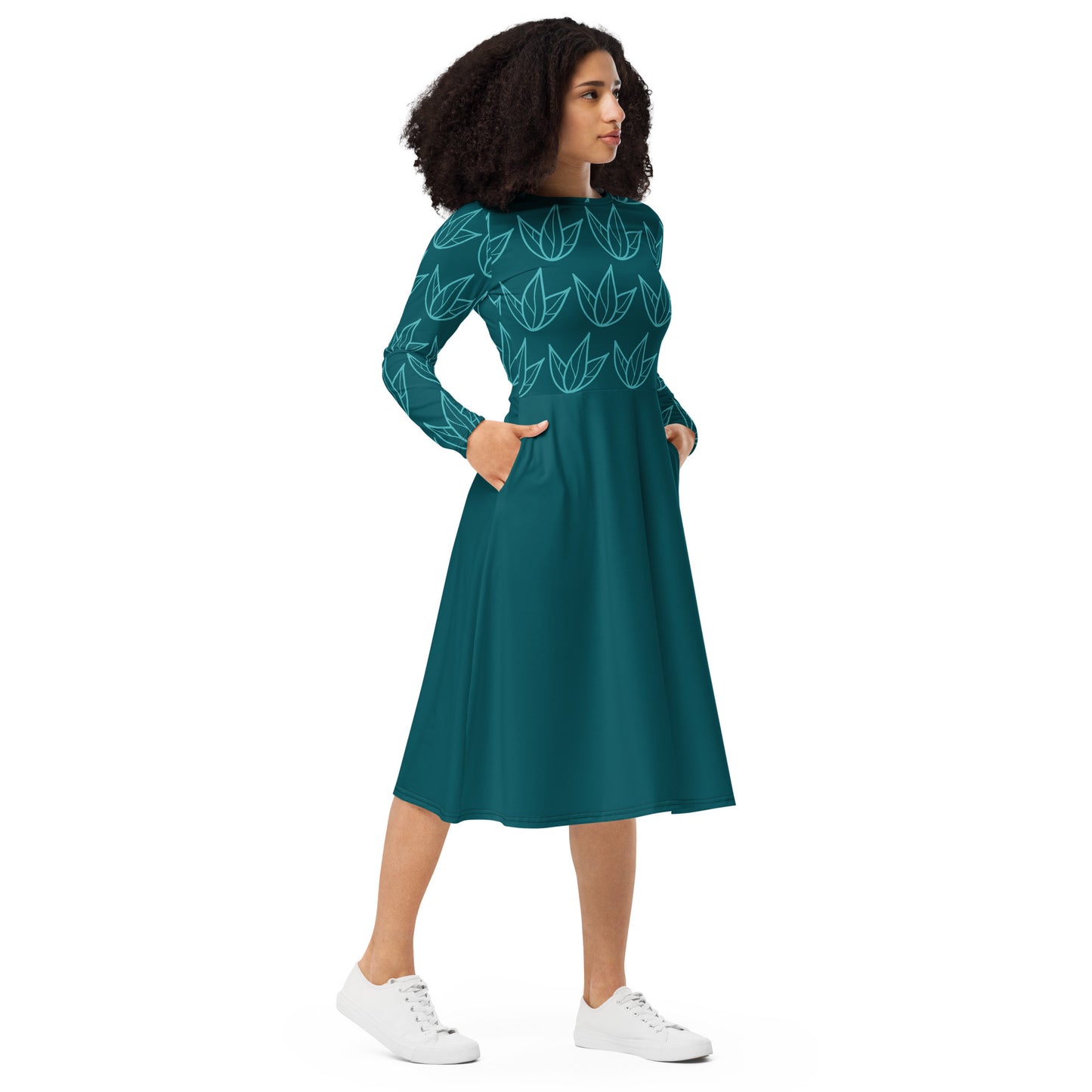 Robe midi à manches longues et imprimé all-over
