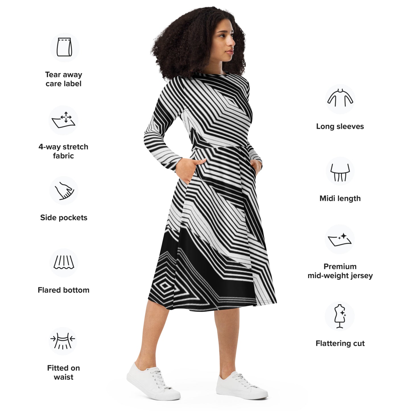 Robe midi à manches longues et imprimé all-over