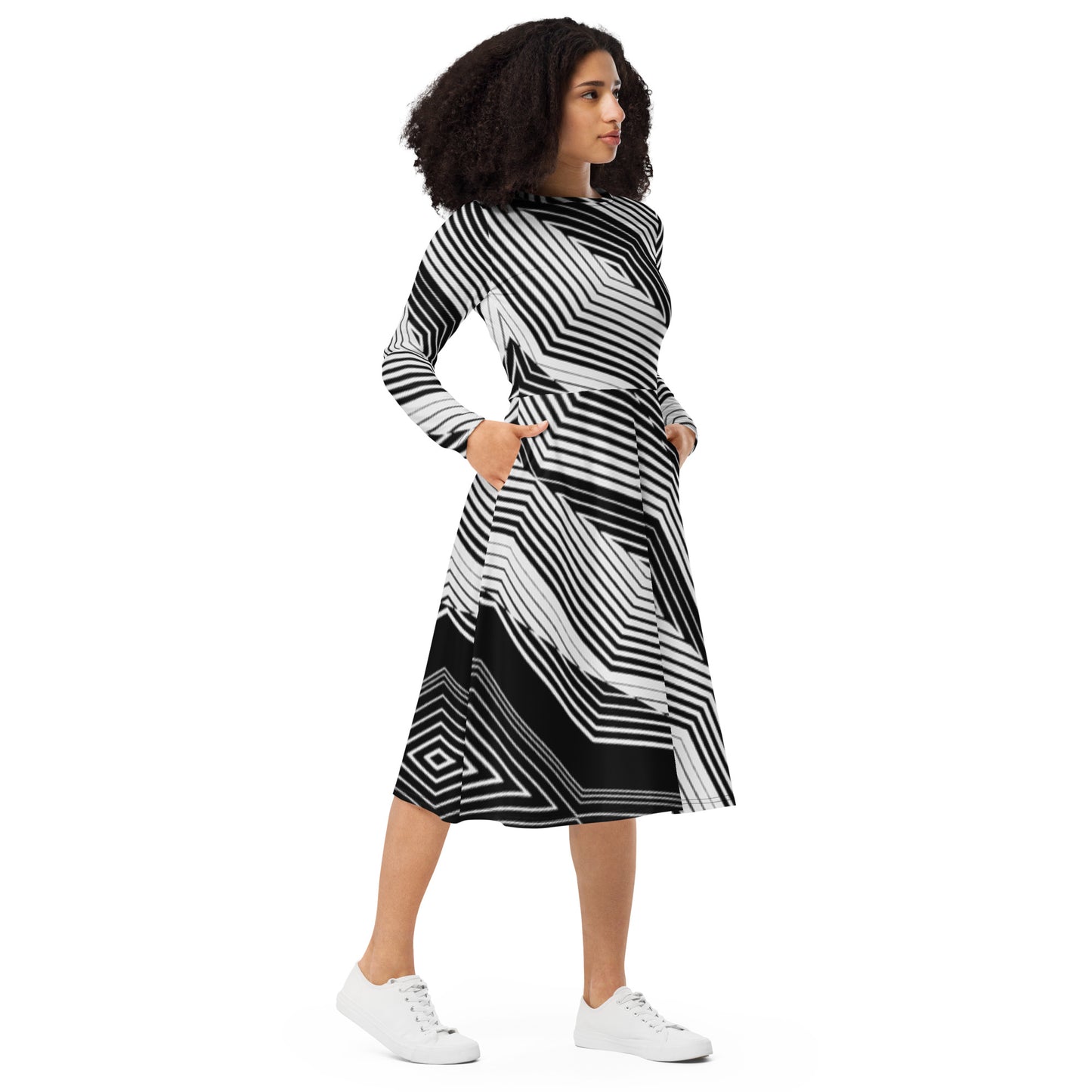 Robe midi à manches longues et imprimé all-over