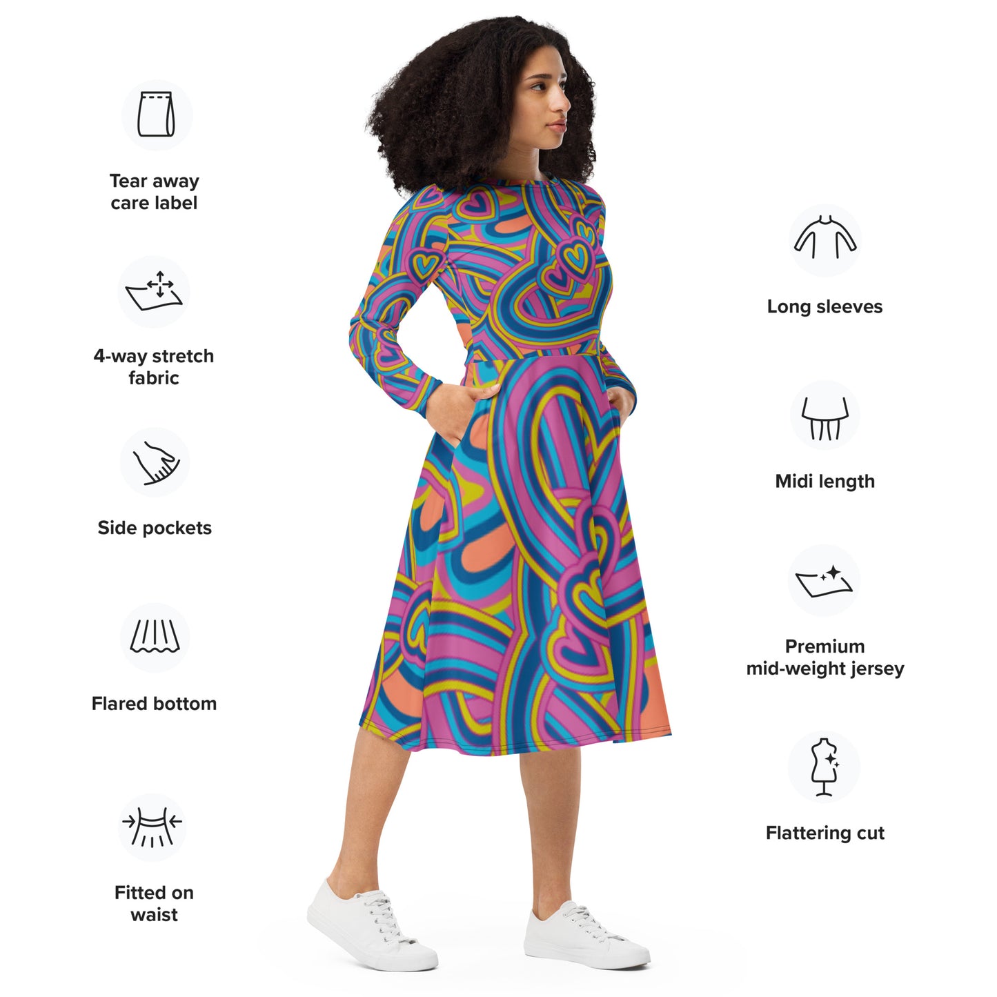 Robe midi à manches longues et imprimé all-over
