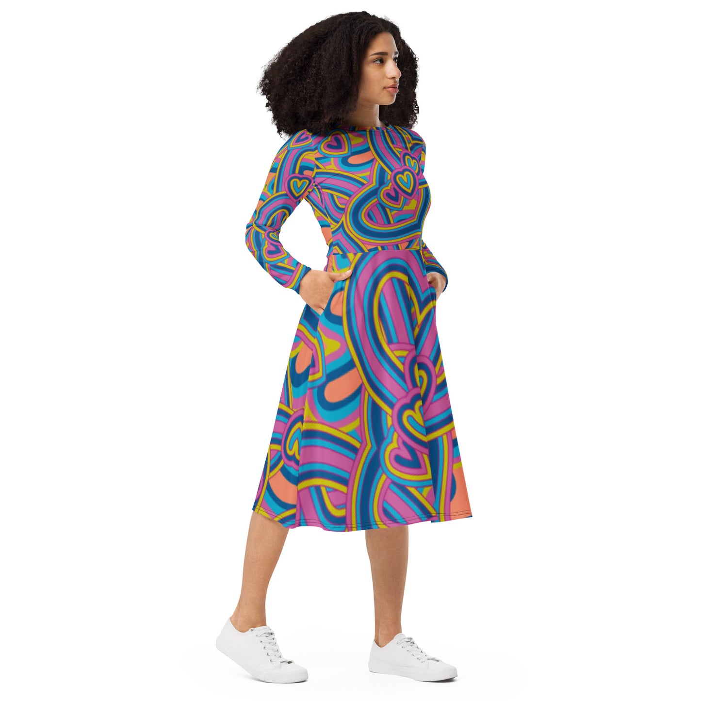 Robe midi à manches longues et imprimé all-over