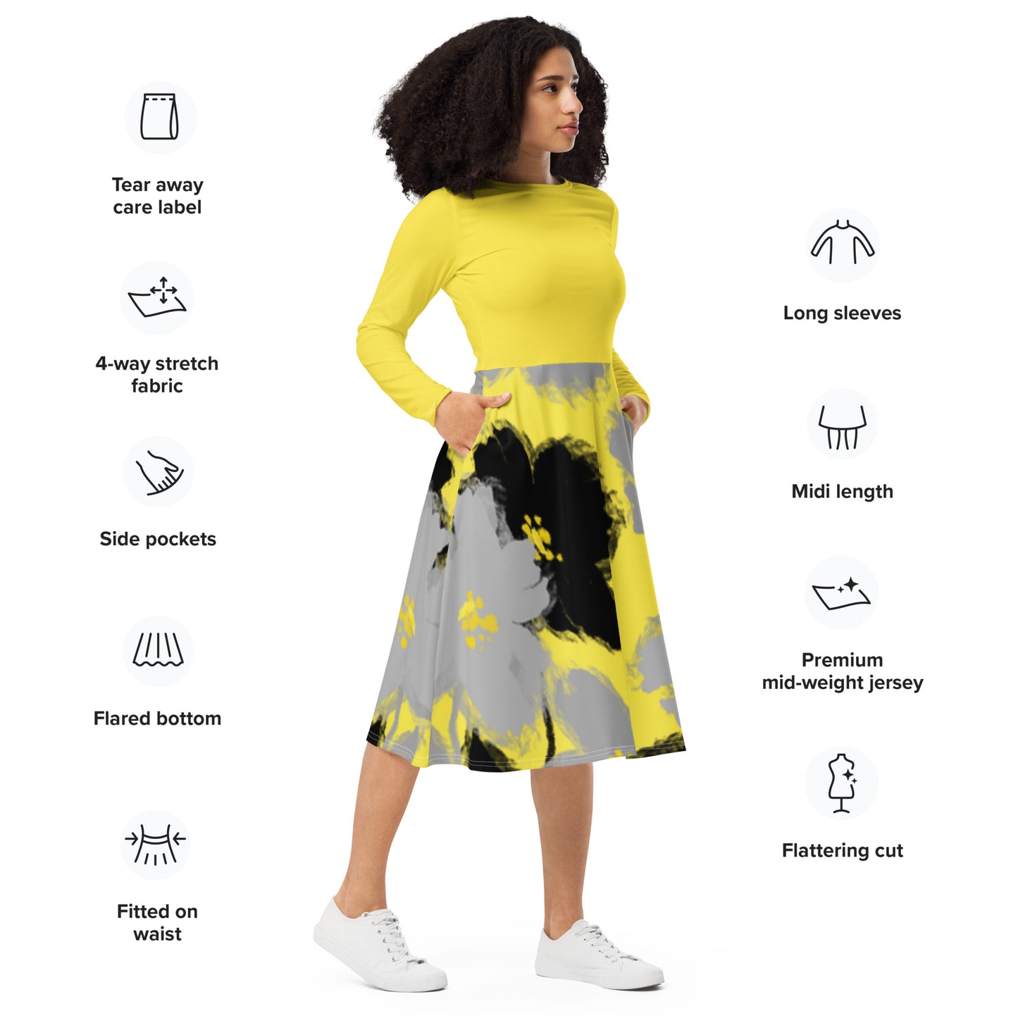 Robe midi à manches longues et imprimé all-over