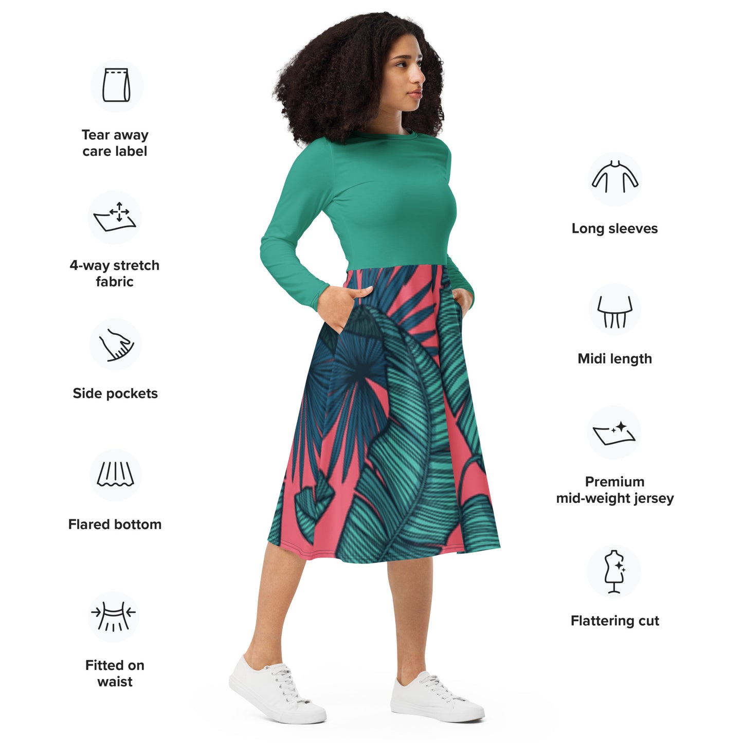 Robe midi à manches longues et imprimé all-over