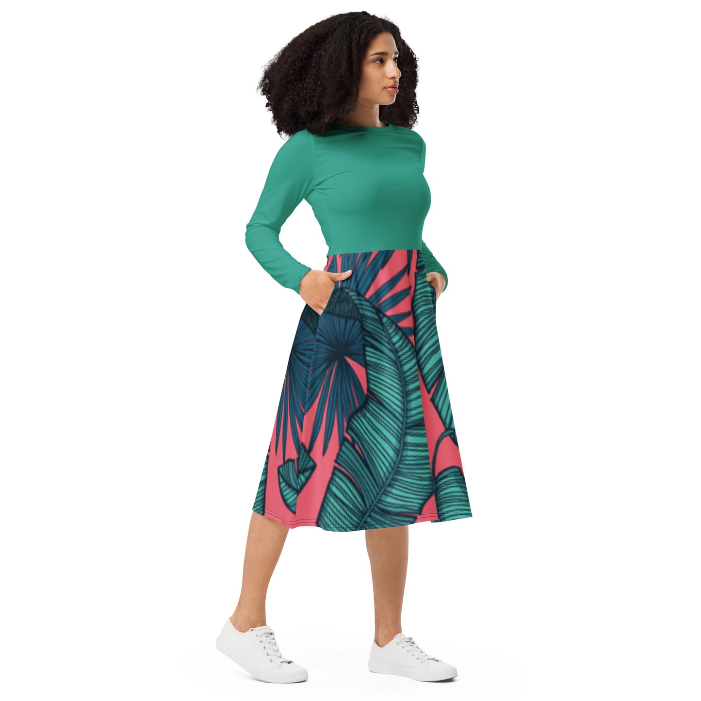 Robe midi à manches longues et imprimé all-over