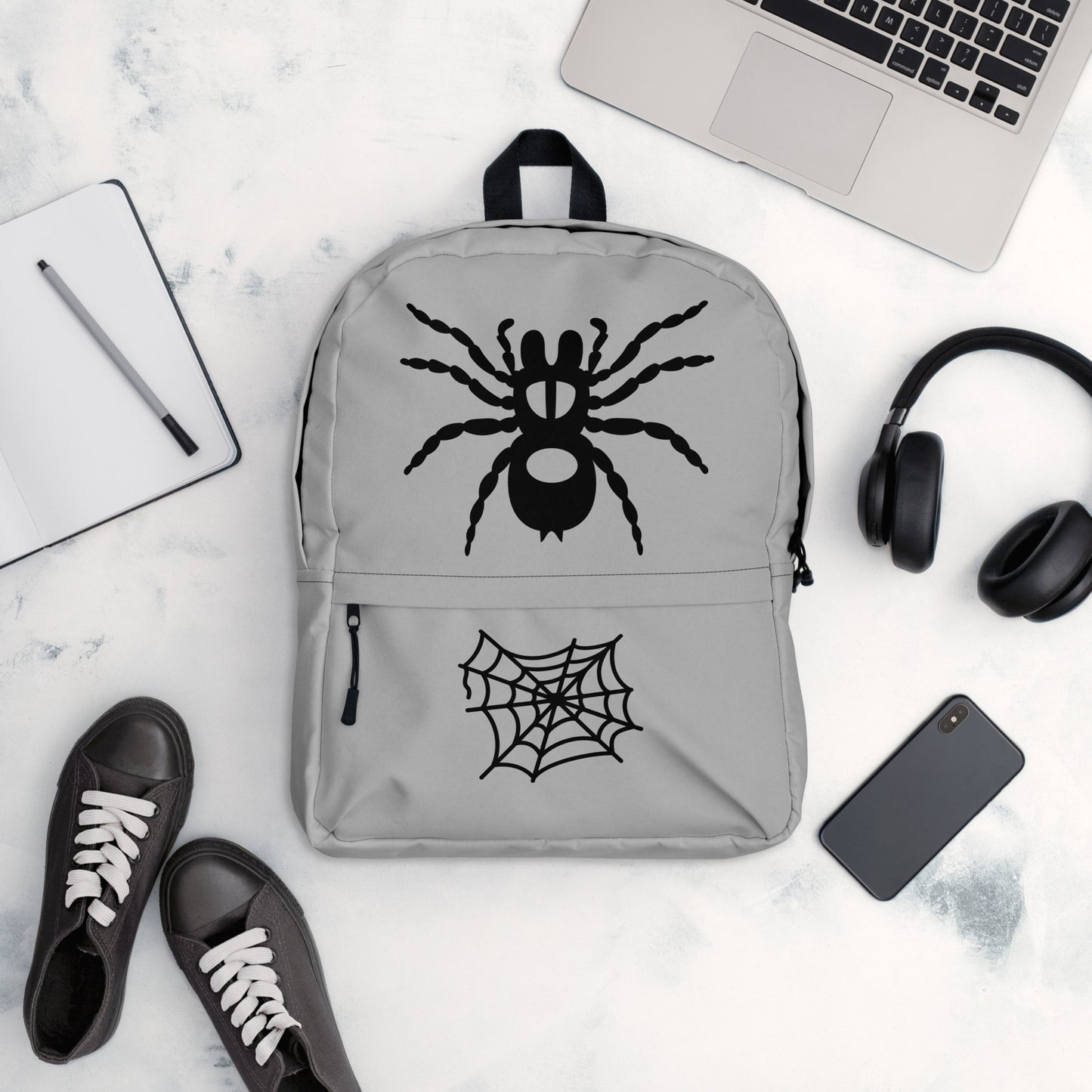 All-Over Print Backpack – Silver and Black