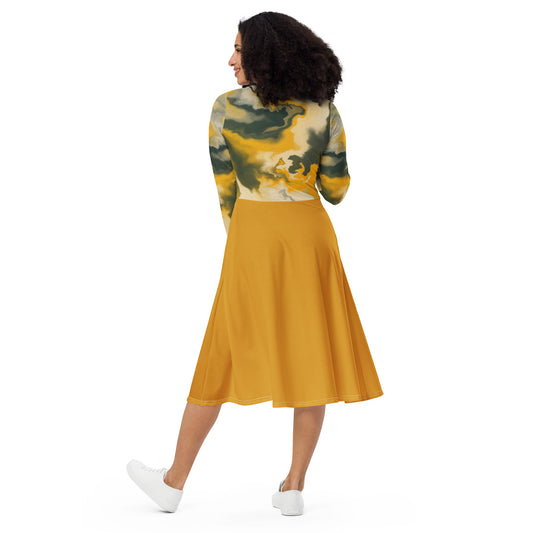 Robe midi à manches longues et imprimé all-over