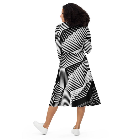 Robe midi à manches longues et imprimé all-over