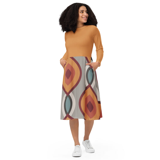 Robe midi à manches longues et imprimé all-over