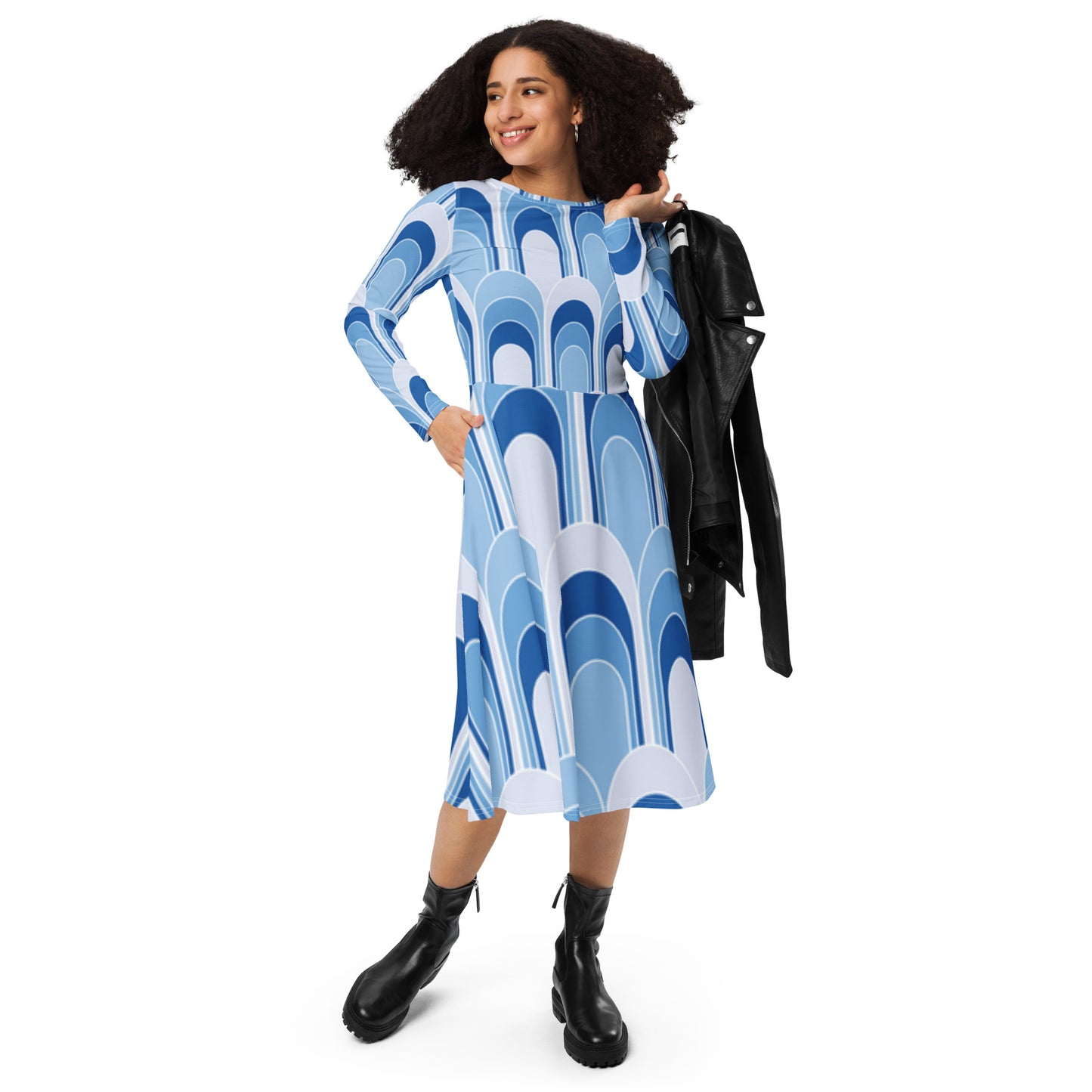 All-over print long sleeve midi dress