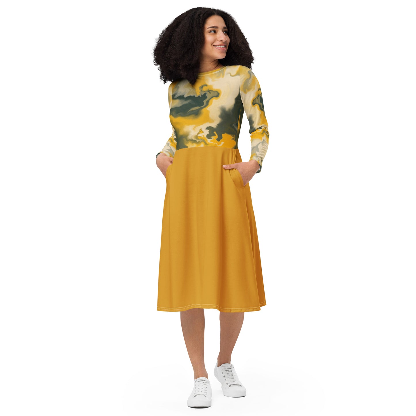 All-over print long sleeve midi dress