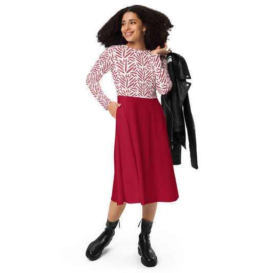 Robe midi à manches longues et imprimé all-over