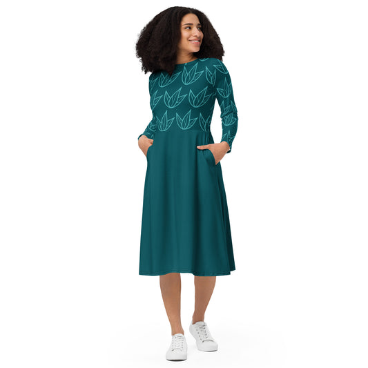 Robe midi à manches longues et imprimé all-over