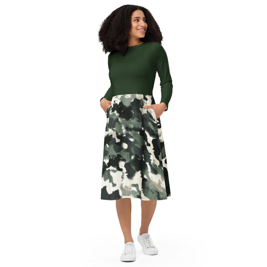 All-over print long sleeve midi dress