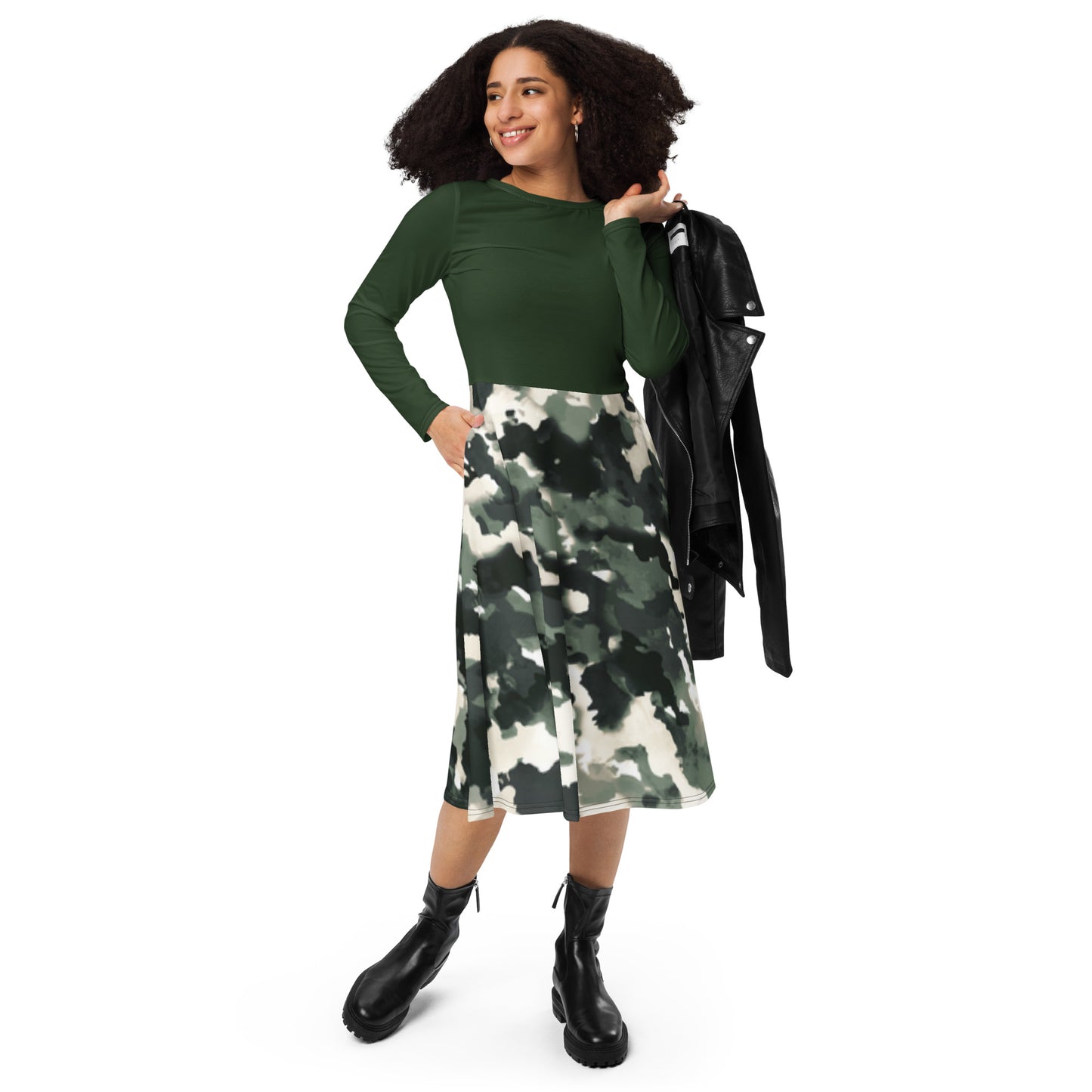 All-over print long sleeve midi dress