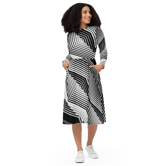 Robe midi à manches longues et imprimé all-over