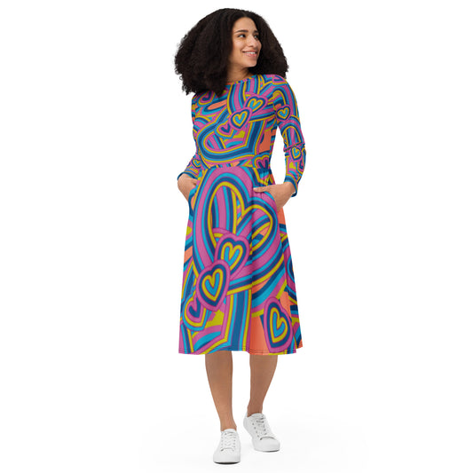 Robe midi à manches longues et imprimé all-over