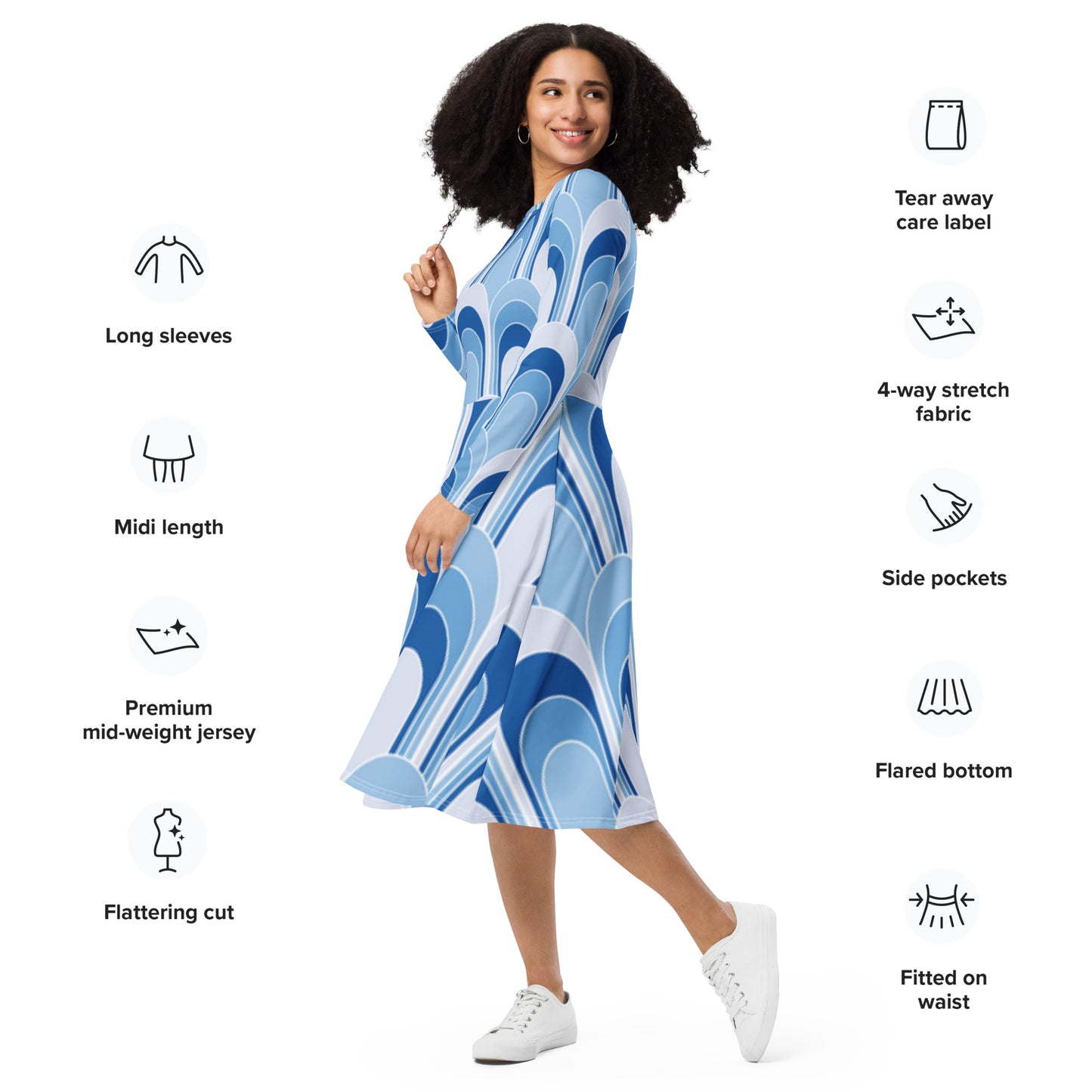 All-over print long sleeve midi dress