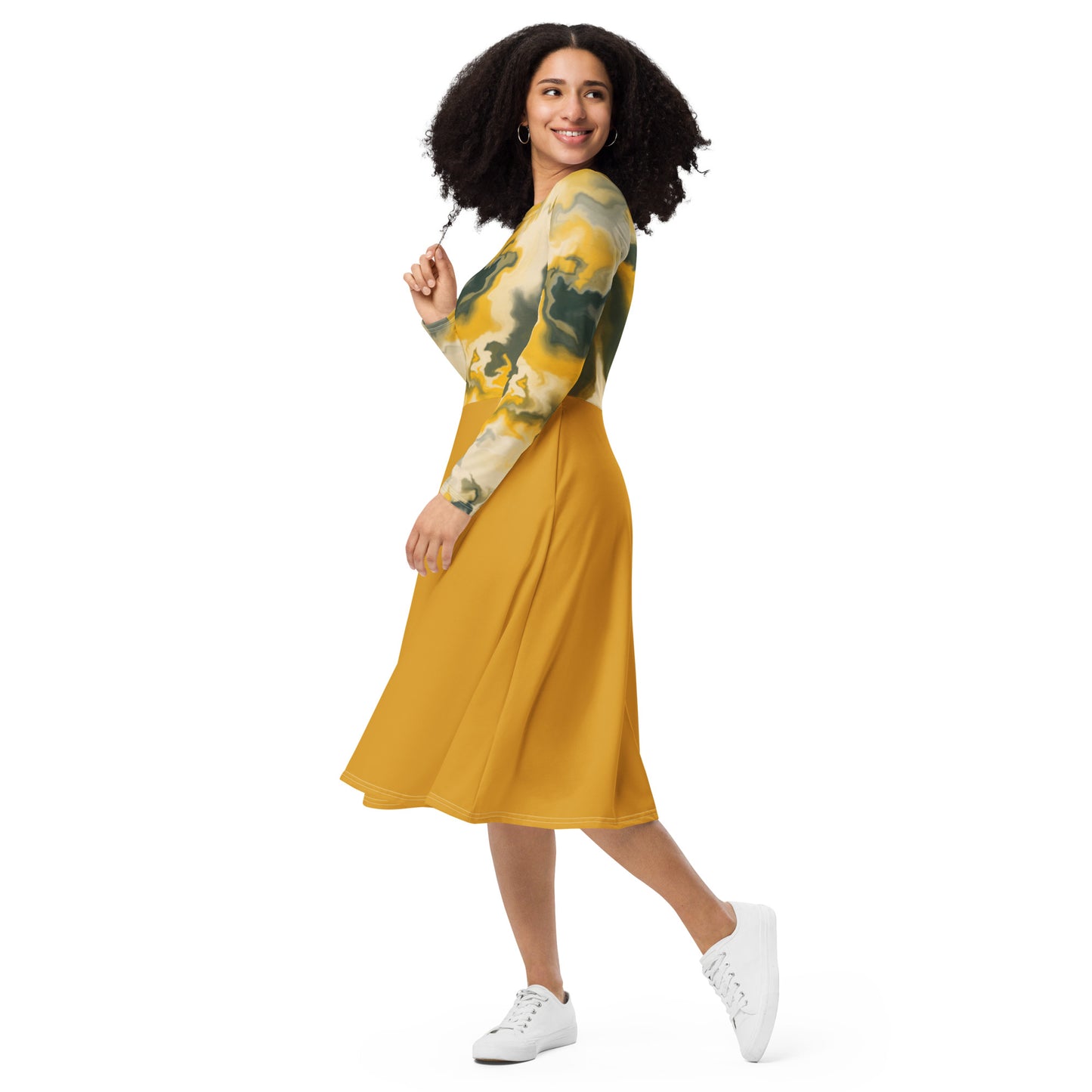 All-over print long sleeve midi dress