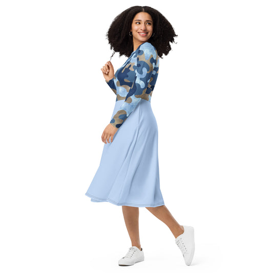 Robe midi à manches longues et imprimé all-over