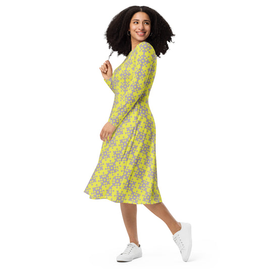 Robe midi à manches longues et imprimé all-over