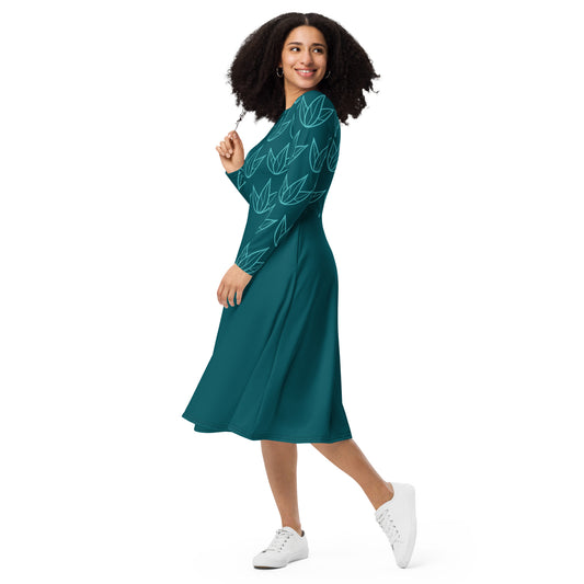 Robe midi à manches longues et imprimé all-over