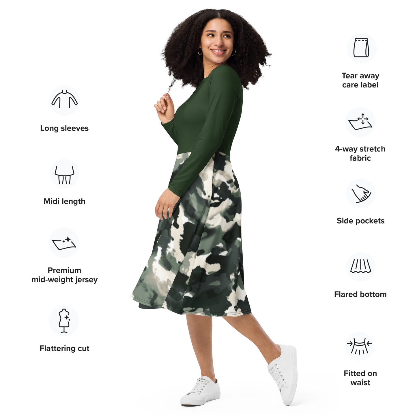 All-over print long sleeve midi dress