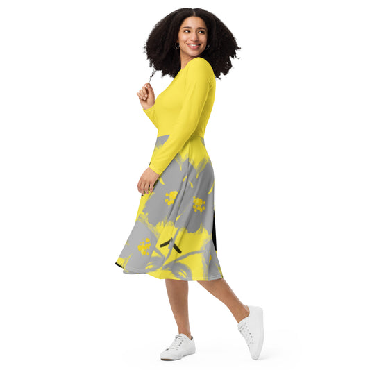 Robe midi à manches longues et imprimé all-over