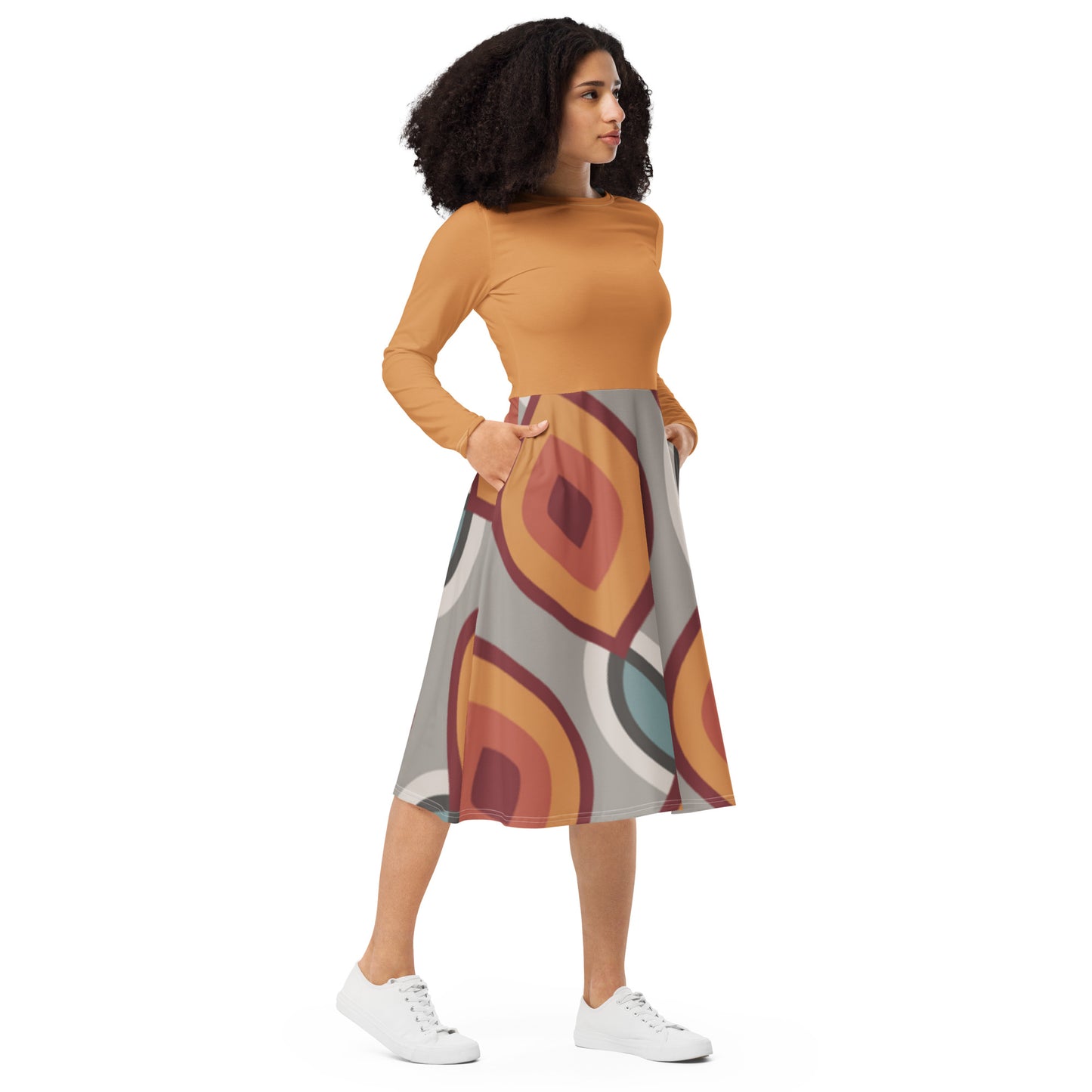 Robe midi à manches longues et imprimé all-over