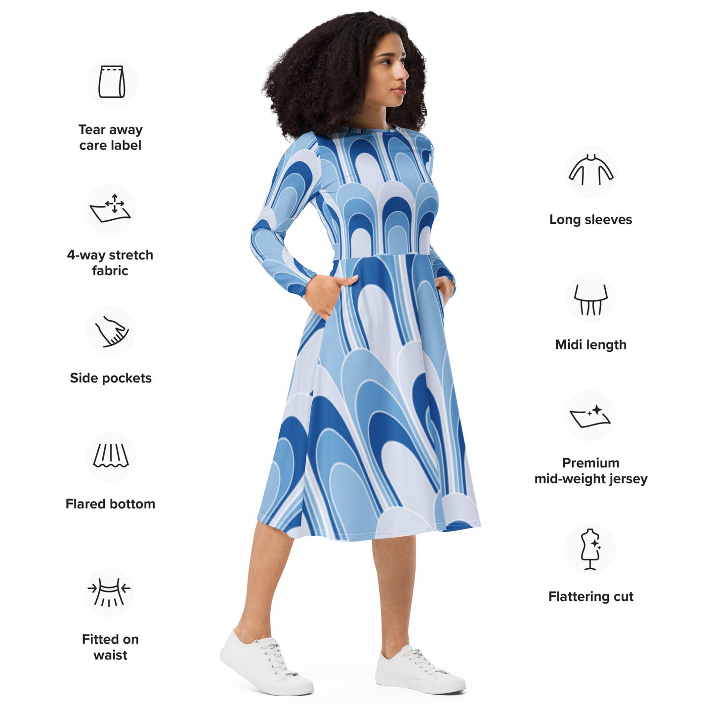 All-over print long sleeve midi dress