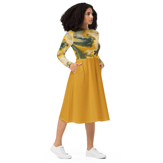 Robe midi à manches longues et imprimé all-over