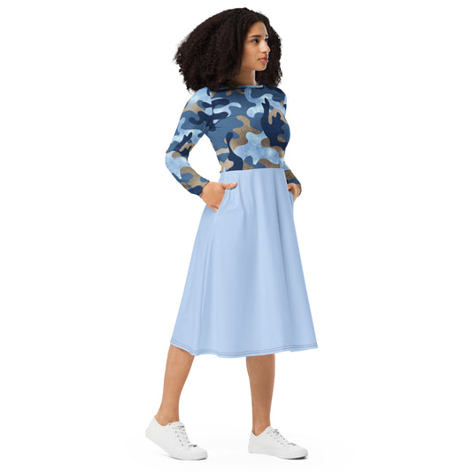 Robe midi à manches longues et imprimé all-over