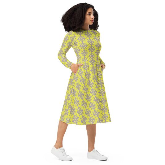 Robe midi à manches longues et imprimé all-over